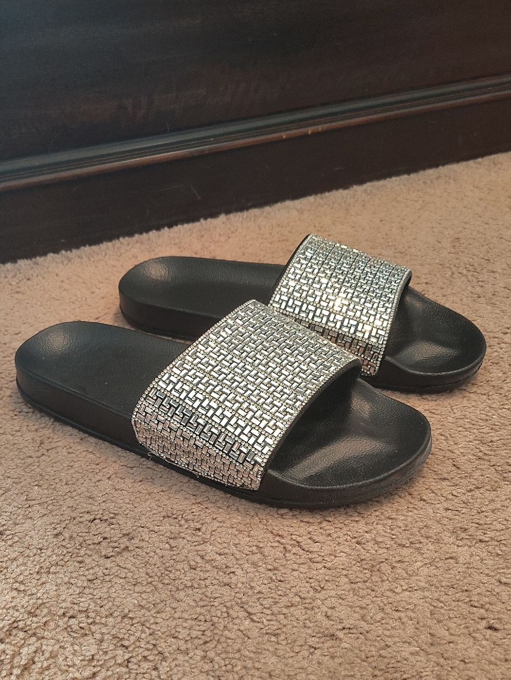 Women's Black Slide Sandals with Silver Rhinestone Strap